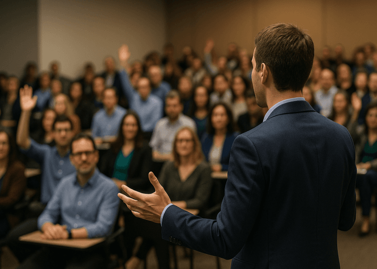 Conférencier brun en costume vu de dos, parlant avec les mains devant une salle pleine où plusieurs participants lèvent la main pour poser des questions.
