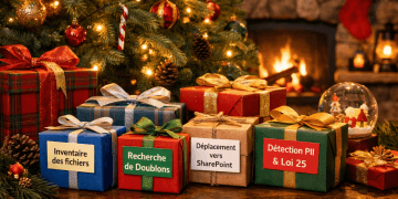 Bannière de Noël dans un chalet : cadeaux sous un sapin, étiquetés “Inventaire des fichiers”, “Recherche de doublons”, “Déplacement vers SharePoint” et “Détection PII & Loi 25” pour illustrer le ménage OneDrive avec Copilot.