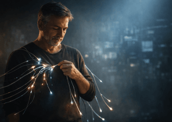 Un homme d’une cinquantaine d’années se déconnecte calmement de flux numériques symboliques, illustrant la libération personnelle face à la dépendance aux technologies et aux plateformes d’intelligence artificielle.