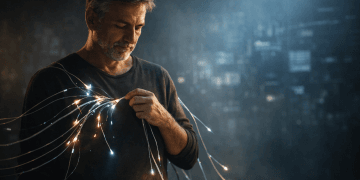 Un homme d’une cinquantaine d’années se déconnecte calmement de flux numériques symboliques, illustrant la libération personnelle face à la dépendance aux technologies et aux plateformes d’intelligence artificielle.