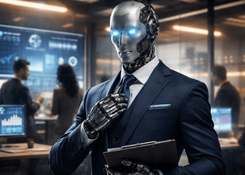 Robot humanoïde portant un costume de directeur marketing dans un bureau moderne, symbole de la fabrication industrielle de récits crédibles et de la manipulation de la perception à l’ère de l’intelligence artificielle.