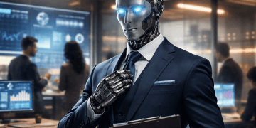 Robot humanoïde portant un costume de directeur marketing dans un bureau moderne, symbole de la fabrication industrielle de récits crédibles et de la manipulation de la perception à l’ère de l’intelligence artificielle.