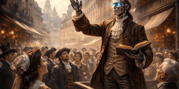 Représentation d’un Denis Diderot robotisé s’adressant à une foule dans une rue du Paris du XVIIIᵉ siècle, illustrant la transmission du savoir, l’éducation et l’héritage des Lumières à l’ère de l’intelligence artificielle.