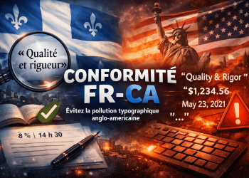 Illustration 16:9 opposant la conformité typographique FR-CA (OQLF) aux usages anglo-américains dans des documents générés par IA.