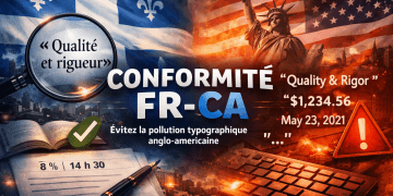 Illustration 16:9 opposant la conformité typographique FR-CA (OQLF) aux usages anglo-américains dans des documents générés par IA.