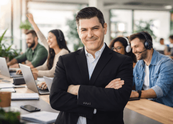 Formateur en costume noir, bras croisés, devant des participants joyeux pendant une journée de formation à distance sur les Agents Copilot (Copilot Studio).