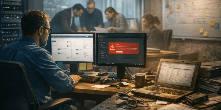 Scène de bureau : un maker travaille sur un flux low-code, un écran affiche une alerte d’erreur, pendant qu’une équipe discute de gouvernance et d’architecture.