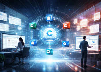 Illustration réaliste de Microsoft Copilot au centre, relié a Word, Excel et PowerPoint par des agents, symbolisant le passage de “Copilot dans les applications” a “Office dans Copilot” via MCP.