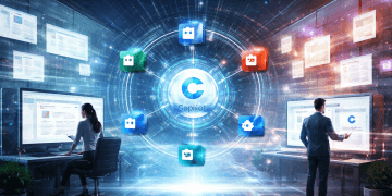 Illustration réaliste de Microsoft Copilot au centre, relié a Word, Excel et PowerPoint par des agents, symbolisant le passage de “Copilot dans les applications” a “Office dans Copilot” via MCP.