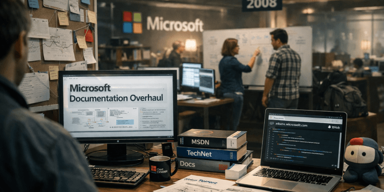 Scène de bureau illustrant une refonte de documentation: écran affichant un projet de centralisation, notes et dépôts versionnés, symbole du passage vers Learn et le docs-as-code.