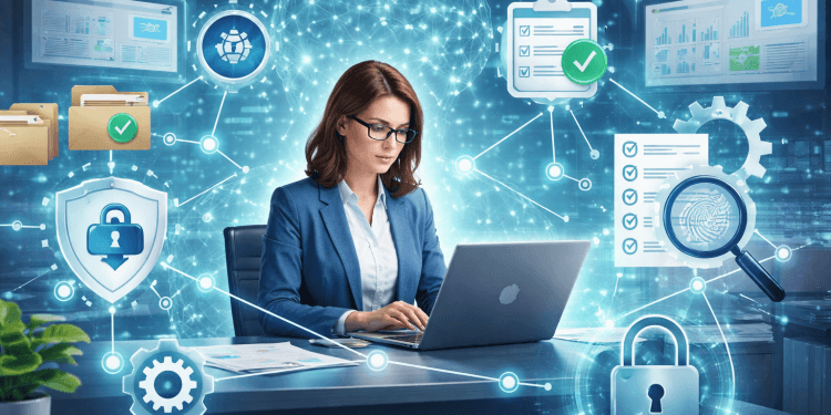 Illustration d’un responsable de la connaissance travaillant sur un ordinateur avec des symboles numériques représentant la validation documentaire, la sécurité, la gouvernance et le réseau de connaissance d’entreprise