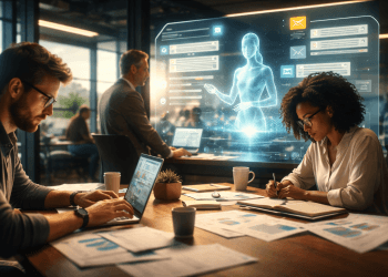 Professionnels travaillant dans un bureau moderne pendant qu’une intelligence artificielle assiste les tâches administratives sur un écran holographique, illustrant l’adoption de l’IA comme Microsoft Copilot dans le travail quotidien.