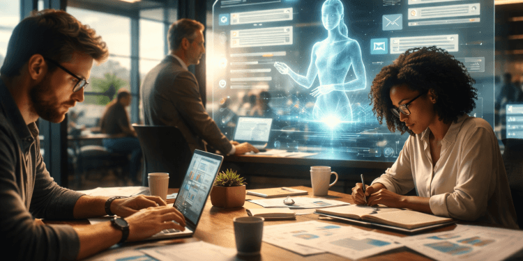 Professionnels travaillant dans un bureau moderne pendant qu’une intelligence artificielle assiste les tâches administratives sur un écran holographique, illustrant l’adoption de l’IA comme Microsoft Copilot dans le travail quotidien.