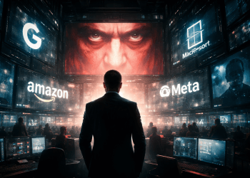 Illustration dystopique inspirée de 1984 montrant la surveillance et le pouvoir des grandes entreprises technologiques dans l’intelligence artificielle