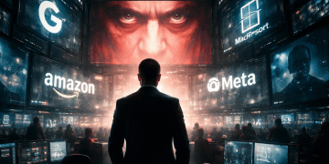 Illustration dystopique inspirée de 1984 montrant la surveillance et le pouvoir des grandes entreprises technologiques dans l’intelligence artificielle