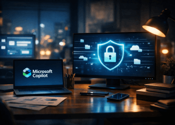Environnement de travail nocturne illustrant la sécurité des données avec Microsoft Copilot dans Microsoft 365, avec écrans affichant un cadenas numérique et des fichiers cloud protégés
