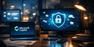 Environnement de travail nocturne illustrant la sécurité des données avec Microsoft Copilot dans Microsoft 365, avec écrans affichant un cadenas numérique et des fichiers cloud protégés