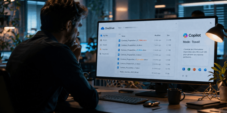 Utilisateur analysant des documents OneDrive for Business dans Microsoft 365 Copilot en mode Travail avec plusieurs versions de fichiers illustrant la pollution du contexte