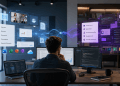 Professionnel utilisant deux agents IA pour comparer Copilot Cowork et Claude Cowork dans un environnement de travail numérique.