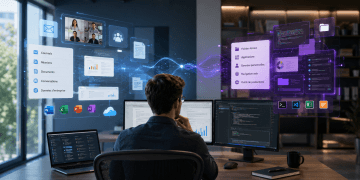 Professionnel utilisant deux agents IA pour comparer Copilot Cowork et Claude Cowork dans un environnement de travail numérique.