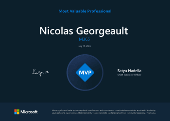 Certificat Microsoft MVP 2026 attribué à Nicolas Georgeault dans la catégorie M365 le 15 juillet 2026.