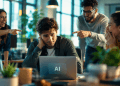 Employé dans un open space moderne utilisant une intelligence artificielle pour créer un document tandis que des collègues se moquent de lui, illustrant les préjugés sur l'utilisation de l'IA au travail.