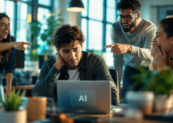 Employé dans un open space moderne utilisant une intelligence artificielle pour créer un document tandis que des collègues se moquent de lui, illustrant les préjugés sur l'utilisation de l'IA au travail.