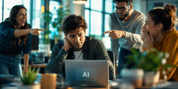 Employé dans un open space moderne utilisant une intelligence artificielle pour créer un document tandis que des collègues se moquent de lui, illustrant les préjugés sur l'utilisation de l'IA au travail.