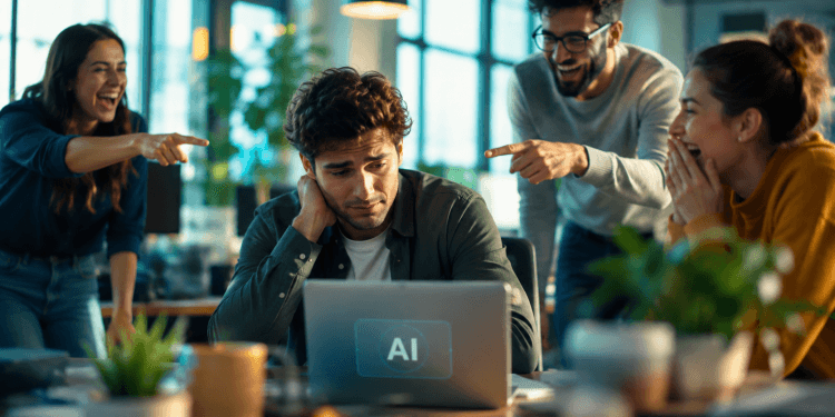 Employé dans un open space moderne utilisant une intelligence artificielle pour créer un document tandis que des collègues se moquent de lui, illustrant les préjugés sur l'utilisation de l'IA au travail.