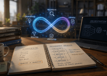 Illustration cinématographique représentant le Context Engineering avec Microsoft 365 Copilot, un espace de travail moderne montrant un raisonnement orchestré, plusieurs fenêtres de contexte et l'importance d'une connaissance structurée pour améliorer la qualité des réponses de l'intelligence artificielle.