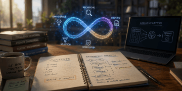 Illustration cinématographique représentant le Context Engineering avec Microsoft 365 Copilot, un espace de travail moderne montrant un raisonnement orchestré, plusieurs fenêtres de contexte et l'importance d'une connaissance structurée pour améliorer la qualité des réponses de l'intelligence artificielle.