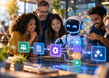 Une équipe diversifiée collabore avec un agent IA autour d’un processus d’automatisation reliant plusieurs services numériques.