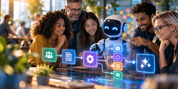 Une équipe diversifiée collabore avec un agent IA autour d’un processus d’automatisation reliant plusieurs services numériques.