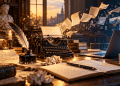 Une plume, une machine à écrire ancienne et un ordinateur illustrent l'évolution des outils d'écriture, du manuscrit à l'intelligence artificielle générative.
