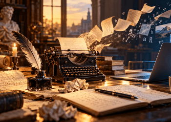 Une plume, une machine à écrire ancienne et un ordinateur illustrent l'évolution des outils d'écriture, du manuscrit à l'intelligence artificielle générative.