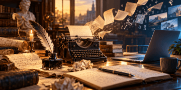 Une plume, une machine à écrire ancienne et un ordinateur illustrent l'évolution des outils d'écriture, du manuscrit à l'intelligence artificielle générative.