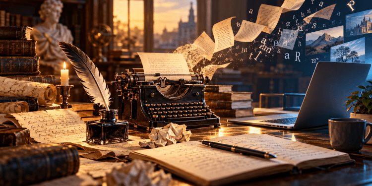 Une plume, une machine à écrire ancienne et un ordinateur illustrent l'évolution des outils d'écriture, du manuscrit à l'intelligence artificielle générative.