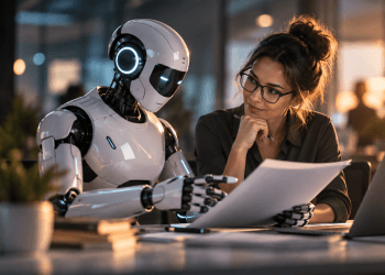 Professionnelle des ressources humaines travaillant avec un agent IA pour illustrer la définition des rôles et des compétences en entreprise.