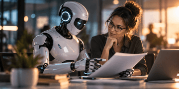 Professionnelle des ressources humaines travaillant avec un agent IA pour illustrer la définition des rôles et des compétences en entreprise.